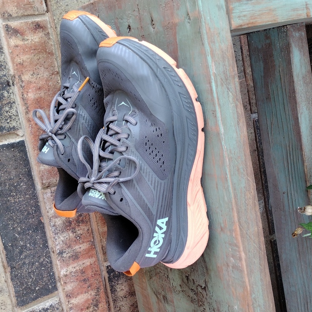 Hoka shoes, orange and gray, size 9